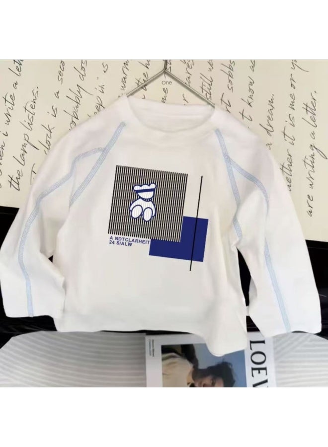 Children's Pure Cotton Round Neck Long-sleeved Boy's Spring & Fall Baby White New Simple Medium And Large Boy's Loose Bottoming Shirt - Image 1