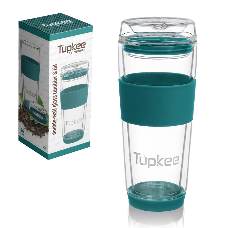 Tupkee Tupkee Double Wall Glass Tumbler  14Ounce All Glass Reusable Insulated TeaCoffee Mug  Lid Hand Blown Glass Travel Mug  Cyan 