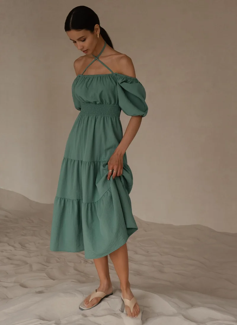 Lichi Lantern-sleeve tiered midi dress