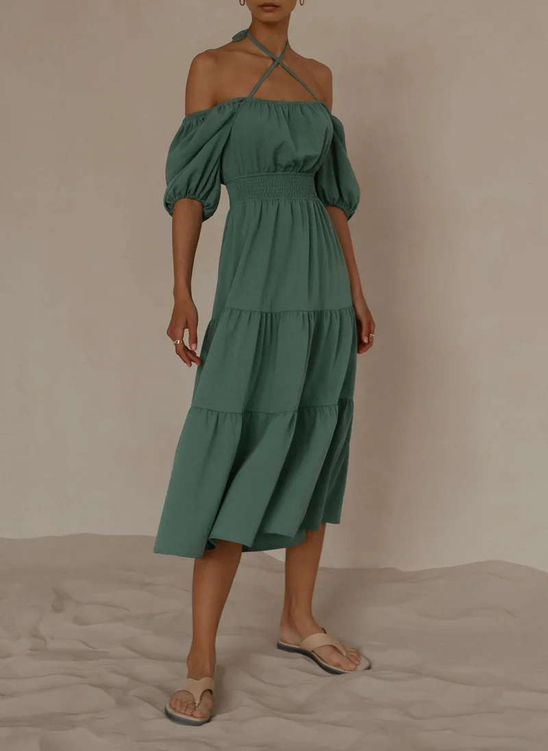 Lichi Lantern-sleeve tiered midi dress