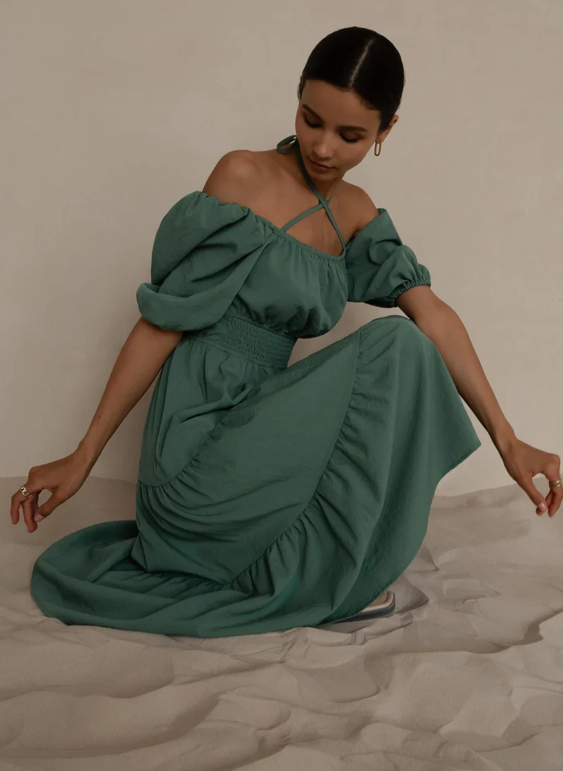 Lichi Lantern-sleeve tiered midi dress