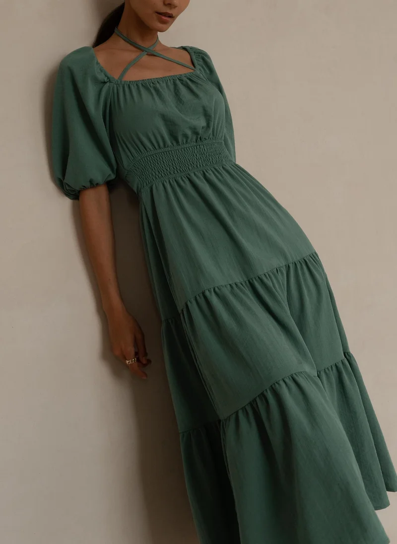Lichi Lantern-sleeve tiered midi dress