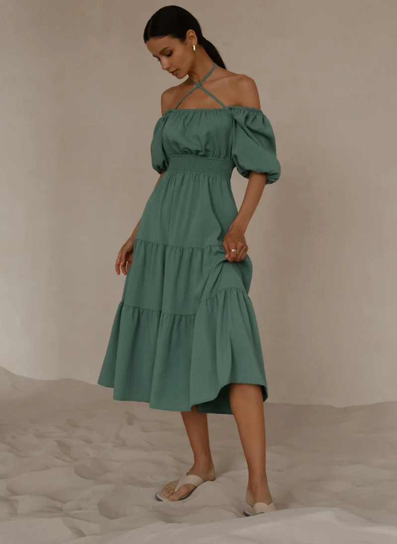 Lichi Lantern-sleeve tiered midi dress