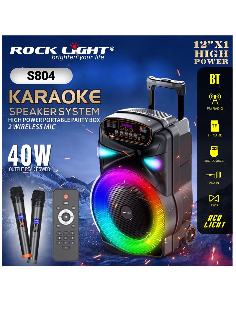 S804 Karaoke Speaker System – 40W High Power Portable Party Box with 12” Woofer, LED RGB Lights, Bluetooth, 2 Wireless Microphones, Remote Control, USB/TF/AUX/FM Radio, TWS Function