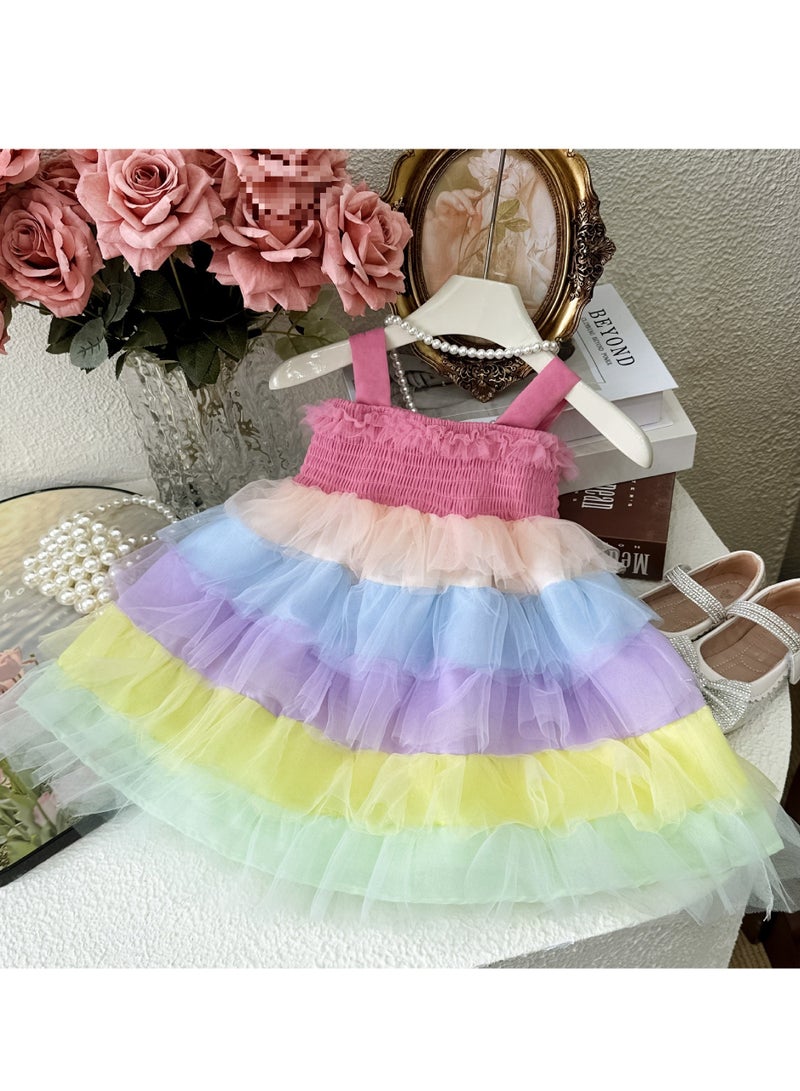 1–2Y Baby Girl Toddler Summer Princess Dress, Pastel Rainbow Tulle Dress, Sleeveless Elastic Bodice Layered Cake Skirt, for Birthday, Eid, Photo Shoot, Fit for Height 90cm  - Image 5