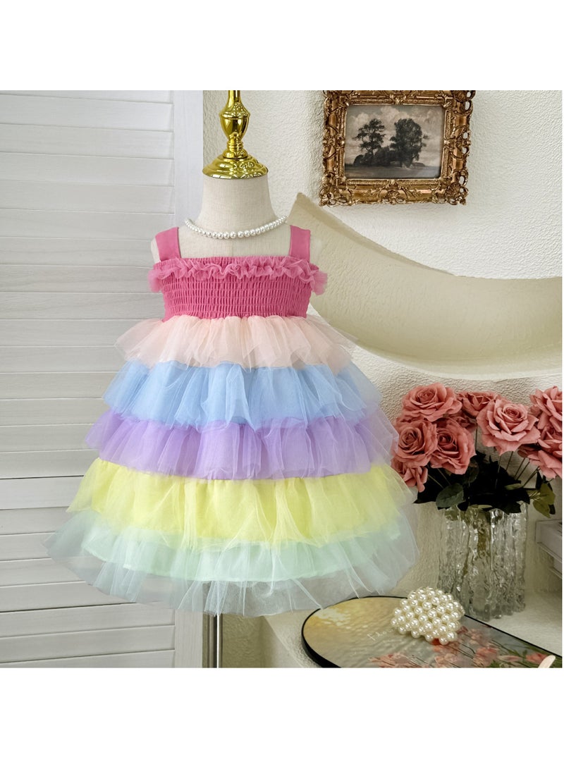 1–2Y Baby Girl Toddler Summer Princess Dress, Pastel Rainbow Tulle Dress, Sleeveless Elastic Bodice Layered Cake Skirt, for Birthday, Eid, Photo Shoot, Fit for Height 90cm  - Image 3
