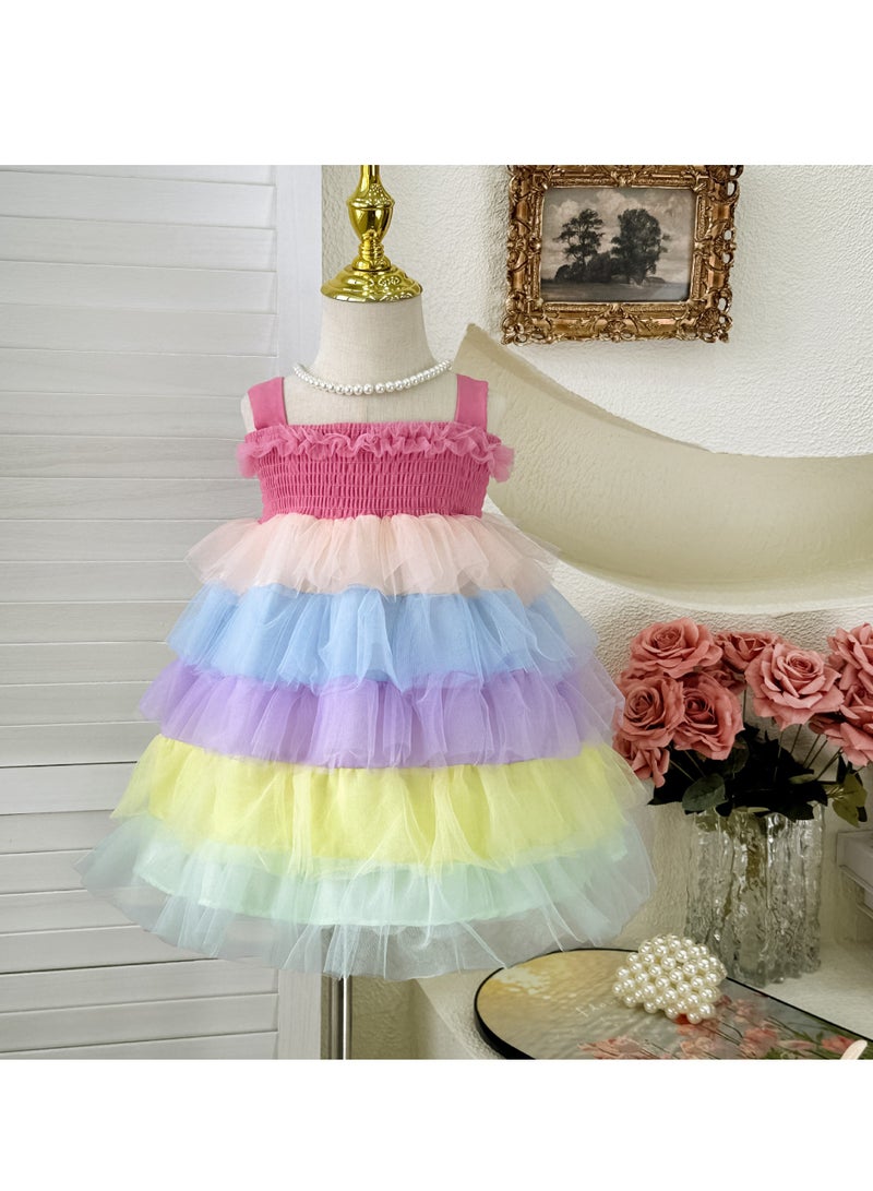 1–2Y Baby Girl Toddler Summer Princess Dress, Pastel Rainbow Tulle Dress, Sleeveless Elastic Bodice Layered Cake Skirt, for Birthday, Eid, Photo Shoot, Fit for Height 90cm  - Image 1