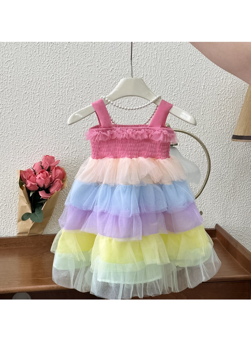 1–2Y Baby Girl Toddler Summer Princess Dress, Pastel Rainbow Tulle Dress, Sleeveless Elastic Bodice Layered Cake Skirt, for Birthday, Eid, Photo Shoot, Fit for Height 90cm  - Image 4