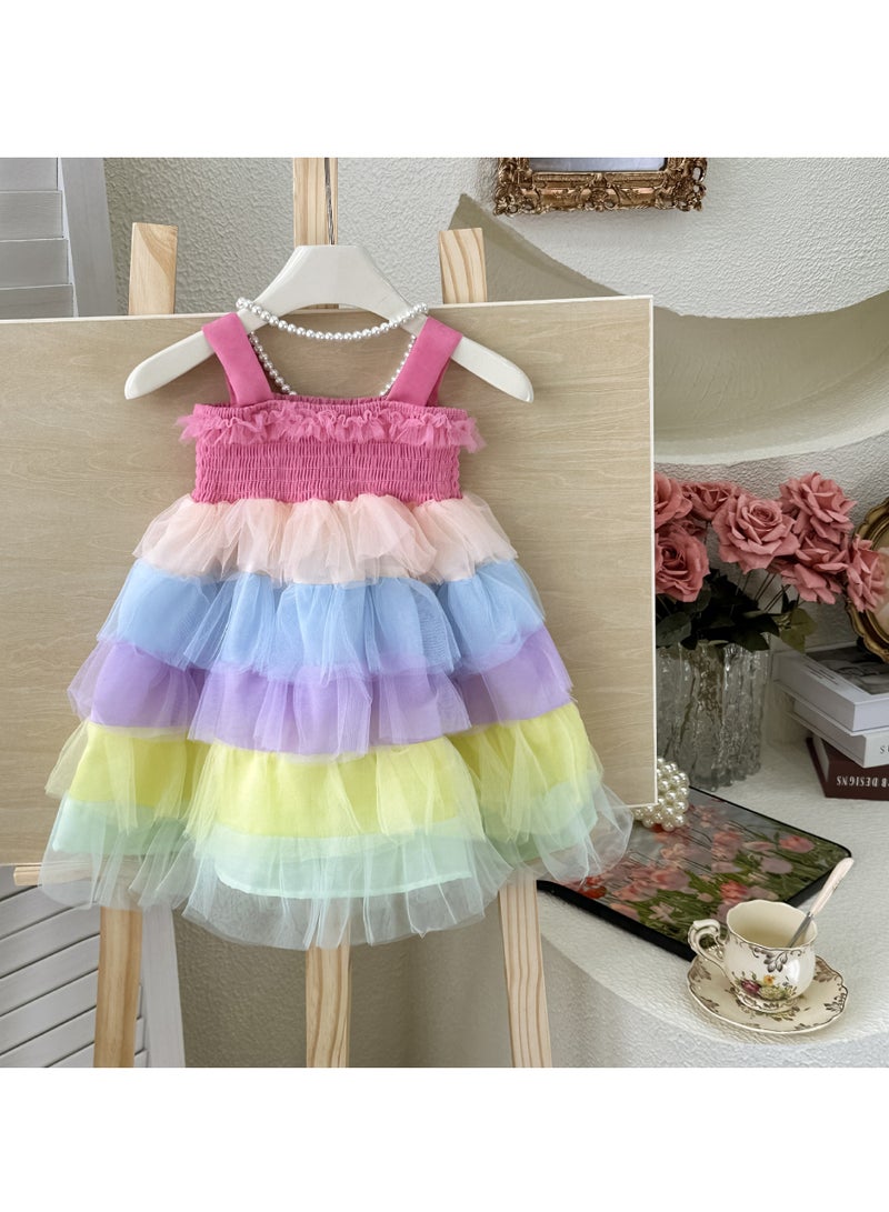 1–2Y Baby Girl Toddler Summer Princess Dress, Pastel Rainbow Tulle Dress, Sleeveless Elastic Bodice Layered Cake Skirt, for Birthday, Eid, Photo Shoot, Fit for Height 90cm  - Image 2