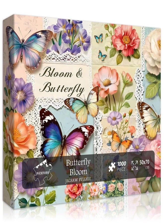 PICKFORU Vintage Butterfly Puzzle for Adults 1000 Pieces, Floral Butterfly Spring Garden Art,Flower Botanical Themed Collage Jigsaw Puzzle Challenge Aesthetic - Image 1