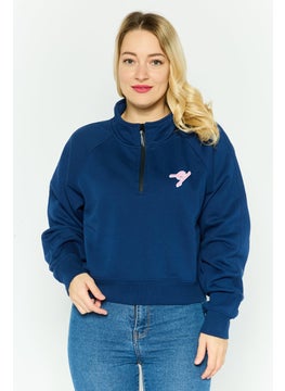 ESPRIT Women Mock Neck Embroidered Long Sleeves Sweatshirt, Dark Blue  - Image 1