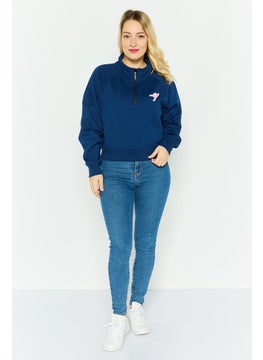 ESPRIT Women Mock Neck Embroidered Long Sleeves Sweatshirt, Dark Blue  - Image 3