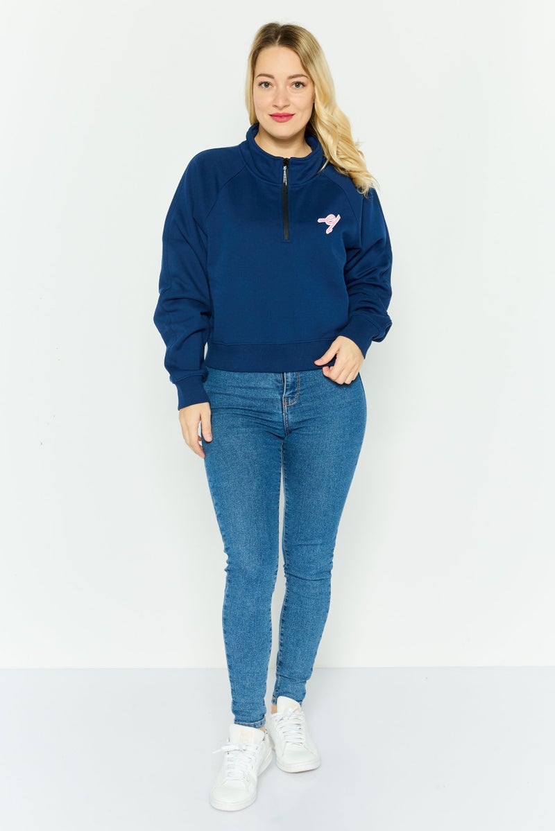 ESPRIT Women Mock Neck Embroidered Long Sleeves Sweatshirt, Dark Blue - Image 3