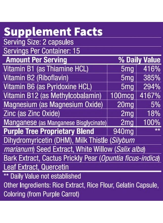 PURPLE TREE - Celebration Vitamin Pills; Rapid Hydration Liver Detox Better Mornings; Dihydromyricetin Dhm Milk Thistle Electrolytes Vitamin B Willow Bark Quercetin (30 Pills) - Image 1