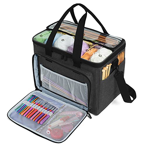 Teamoy Knitting Bag, Yarn Tote Organizer with Inner Divider (Sewn to Bottom) for Crochet Hooks, Knitting Needles(Up to 14”), Project and Supplies, Black -No Accessories Included - Image 1