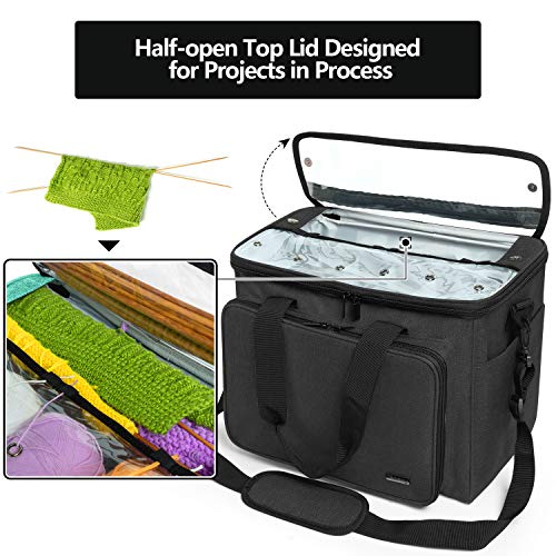 Teamoy Knitting Bag, Yarn Tote Organizer with Inner Divider (Sewn to Bottom) for Crochet Hooks, Knitting Needles(Up to 14”), Project and Supplies, Black -No Accessories Included - Image 4