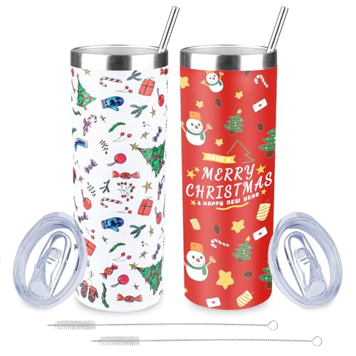 FristChoice 20oz Christmas Skinny Tumbler with Lid and StrawStainless Steel Vacuum Insulated Tumbler Cup Double Wall Travel Coffee Mug Christmas Gifts for Women MenXmas Elements2 - Image 1