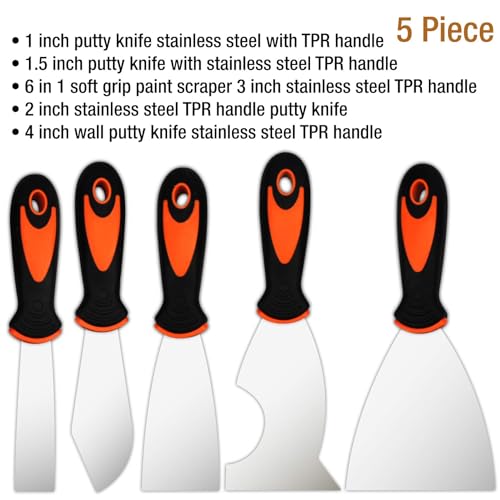Kingorigin Putty Knife Set, 5 Piece Stainless Steel Paint Scraper (1" 1.5" 2" 3" 4"), Multi-use Scraper Tool, Spackle Knife for Applying Putty, Filling Gaps, Scraping Away Old Paint or Caulk - Image 2