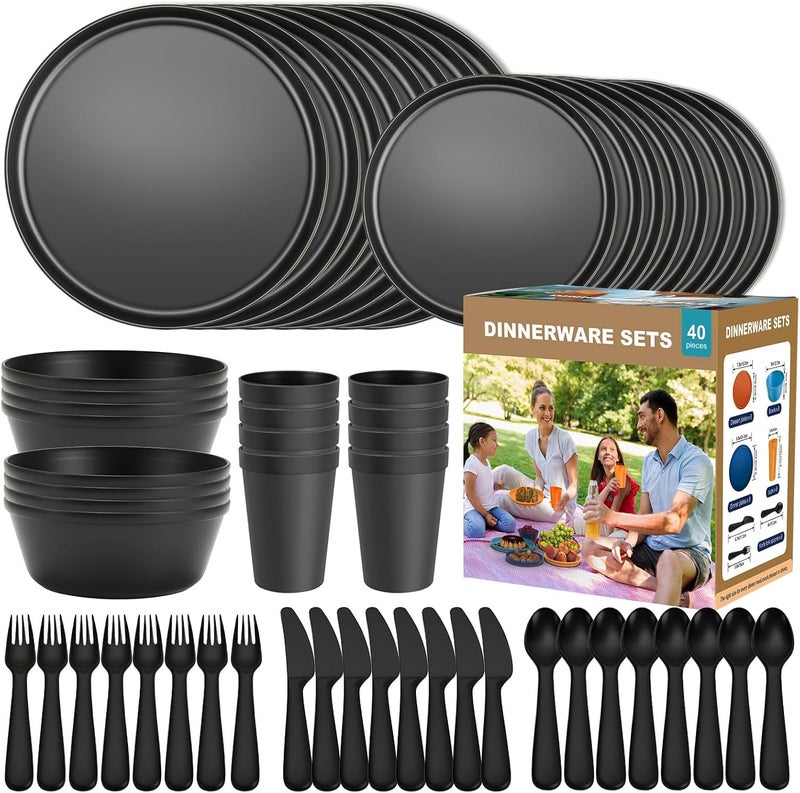 Blwan 40-Piece RV Camping Dinnerware Set (Service for 8), Microwave Safe Plates and Bowls Set with Cutlery, Lightweight & Unbreakable Plastic Dishes - The Perfect Melamine Alternative (Black) - Image 1