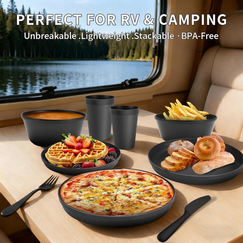 Blwan 40-Piece RV Camping Dinnerware Set (Service for 8), Microwave Safe Plates and Bowls Set with Cutlery, Lightweight & Unbreakable Plastic Dishes - The Perfect Melamine Alternative (Black) - Image 3