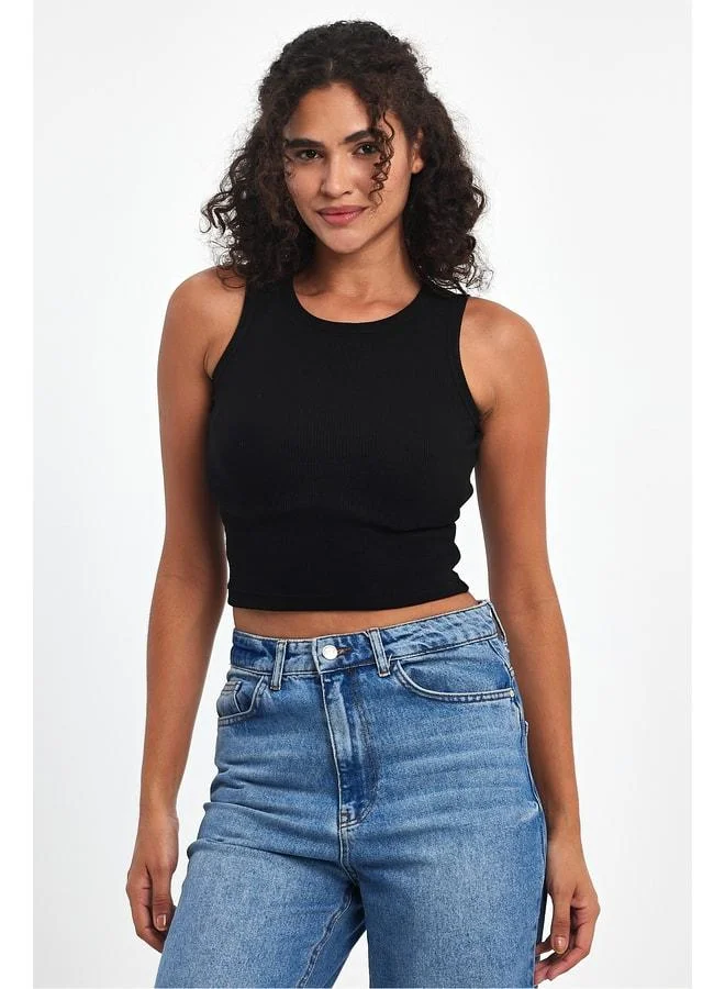 Mmetalic Women's Black Ribbed-Look Strappy Thick Stretch Knit Basic Cropped Tank Top