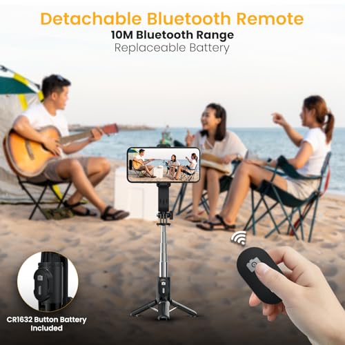 Portronics Lumistick Mini Extendable Multifunctional 3-in-1 Selfie Sticks with Wireless Detachable Bluetooth Remote & Tripod Stand,Portable Lightweight Selfie Stick for iPhone & Android Mobiles(Black) - Image 2