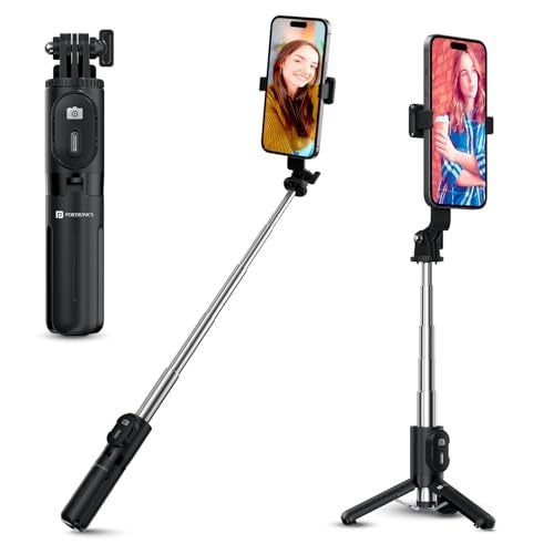 Portronics Lumistick Mini Extendable Multifunctional 3-in-1 Selfie Sticks with Wireless Detachable Bluetooth Remote & Tripod Stand,Portable Lightweight Selfie Stick for iPhone & Android Mobiles(Black) - Image 1