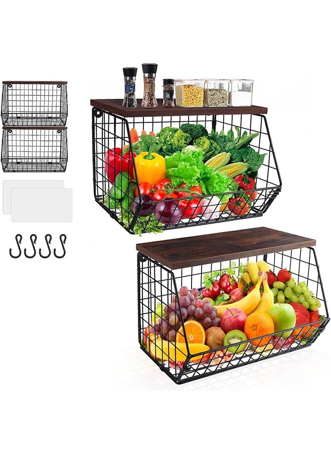 Garlo Fruit Basket Onion Storage Wire Baskets with Wood Lid, 2pcs Stackable Wall Mounted Countertop Kitchen Counter Organizer for Snack, Fruit and Vegetable Storage  - Image 1