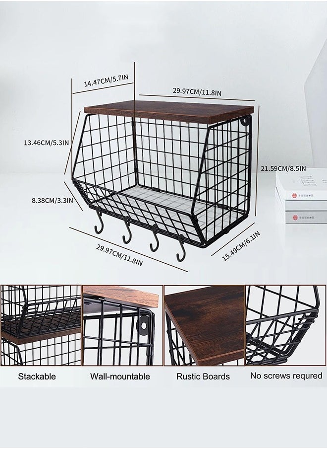 Garlo Fruit Basket Onion Storage Wire Baskets with Wood Lid, 2pcs Stackable Wall Mounted Countertop Kitchen Counter Organizer for Snack, Fruit and Vegetable Storage  - Image 3
