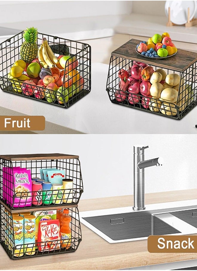 Garlo Fruit Basket Onion Storage Wire Baskets with Wood Lid, 2pcs Stackable Wall Mounted Countertop Kitchen Counter Organizer for Snack, Fruit and Vegetable Storage  - Image 5