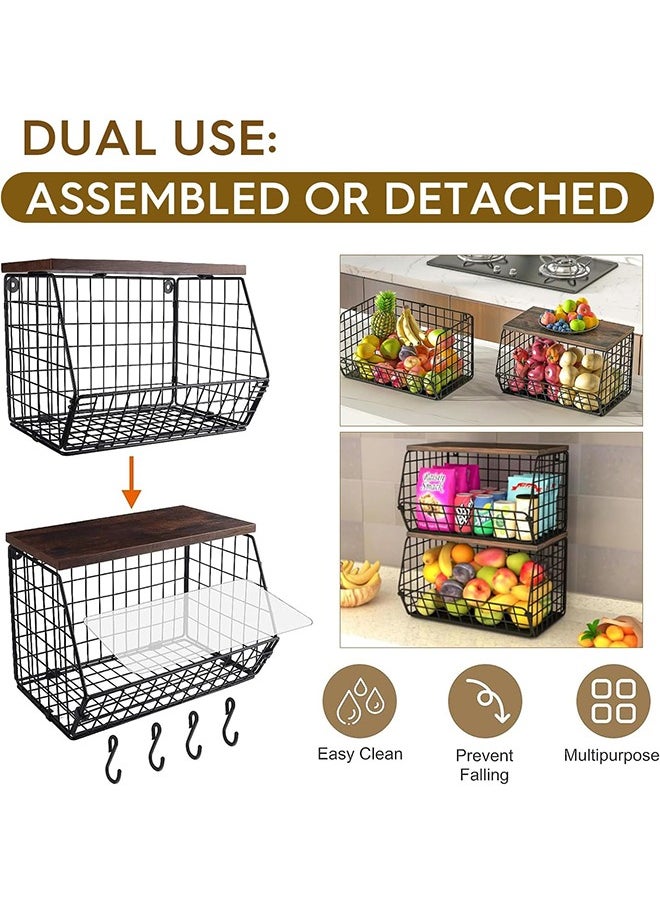 Garlo Fruit Basket Onion Storage Wire Baskets with Wood Lid, 2pcs Stackable Wall Mounted Countertop Kitchen Counter Organizer for Snack, Fruit and Vegetable Storage  - Image 4