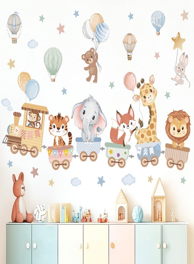 wondever Jungle Animals Train Wall Stickers Hot Air Balloon Animals Elephant Giraffe Peel and Stick Wall Art Decals for Baby Nursery Kids Room Toddler Room - Image 2