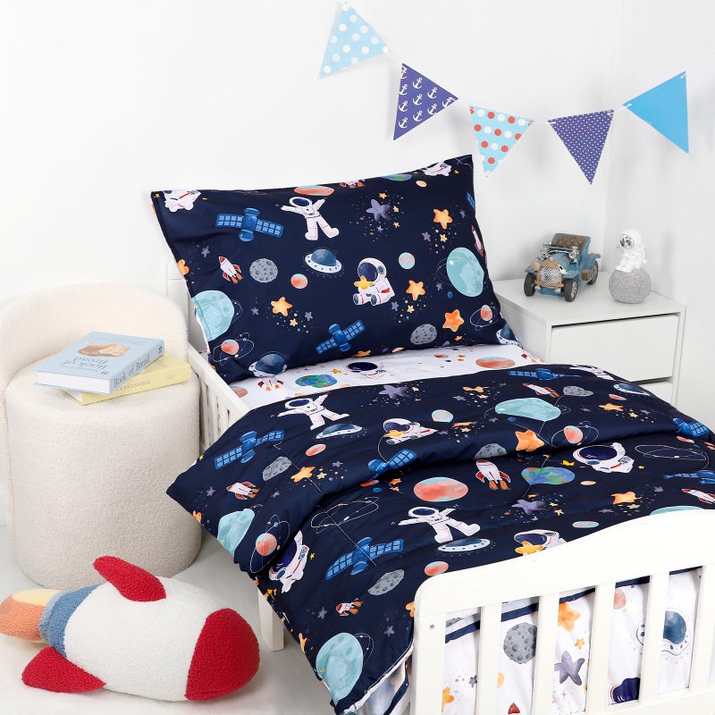 DAYEEBALL 4 Piece Toddler Bedding Set, Ultra Soft and Breathable Cartoon Space Toddler Comforter Sets for Boys Includes Quilted Comforter, Fitted Sheet, Flat Sheet and Pillowcase - Image 3