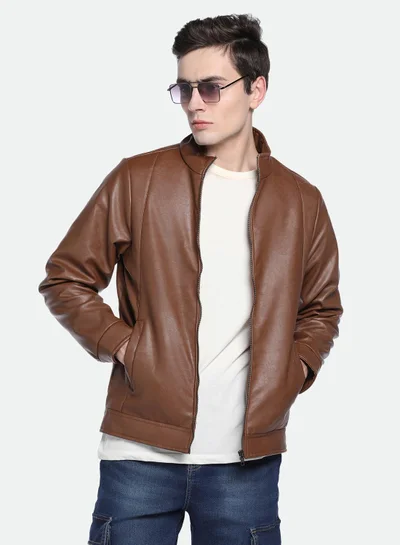 Dennis Lingo Men's Tan 100% Polyester Solid Pattern Regular Fit Jacket