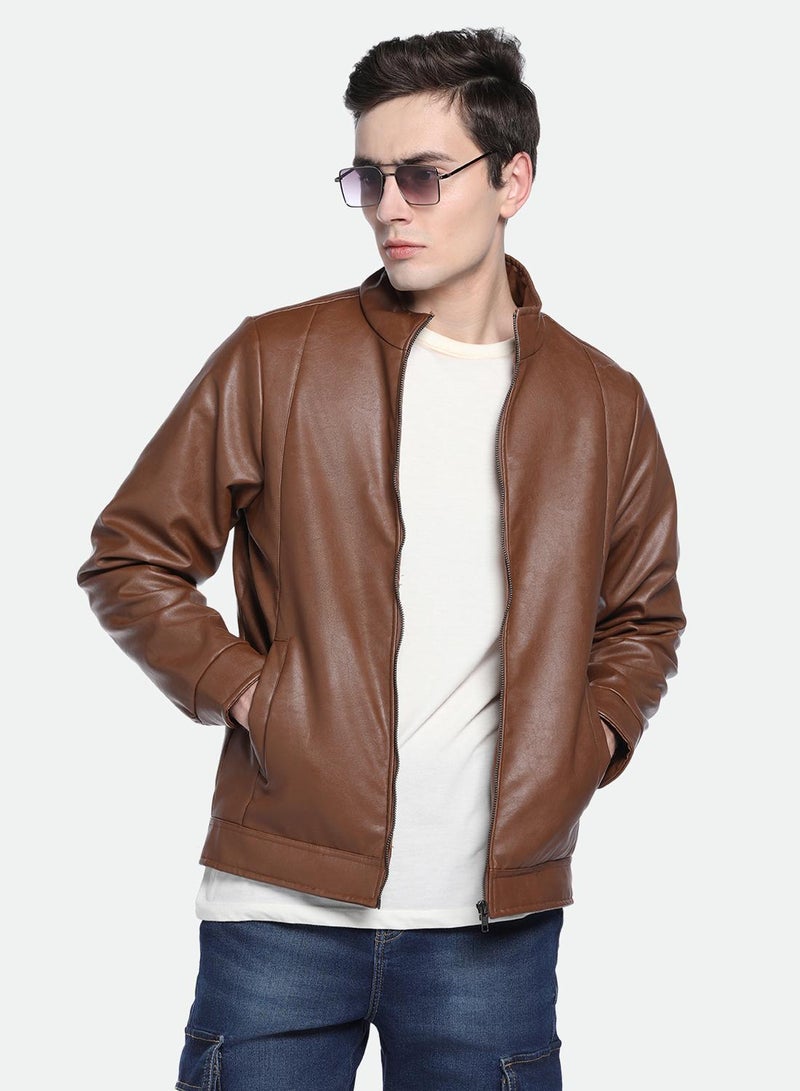 Dennis Lingo Men's Tan 100% Polyester Solid Pattern Regular Fit Jacket  - Image 1