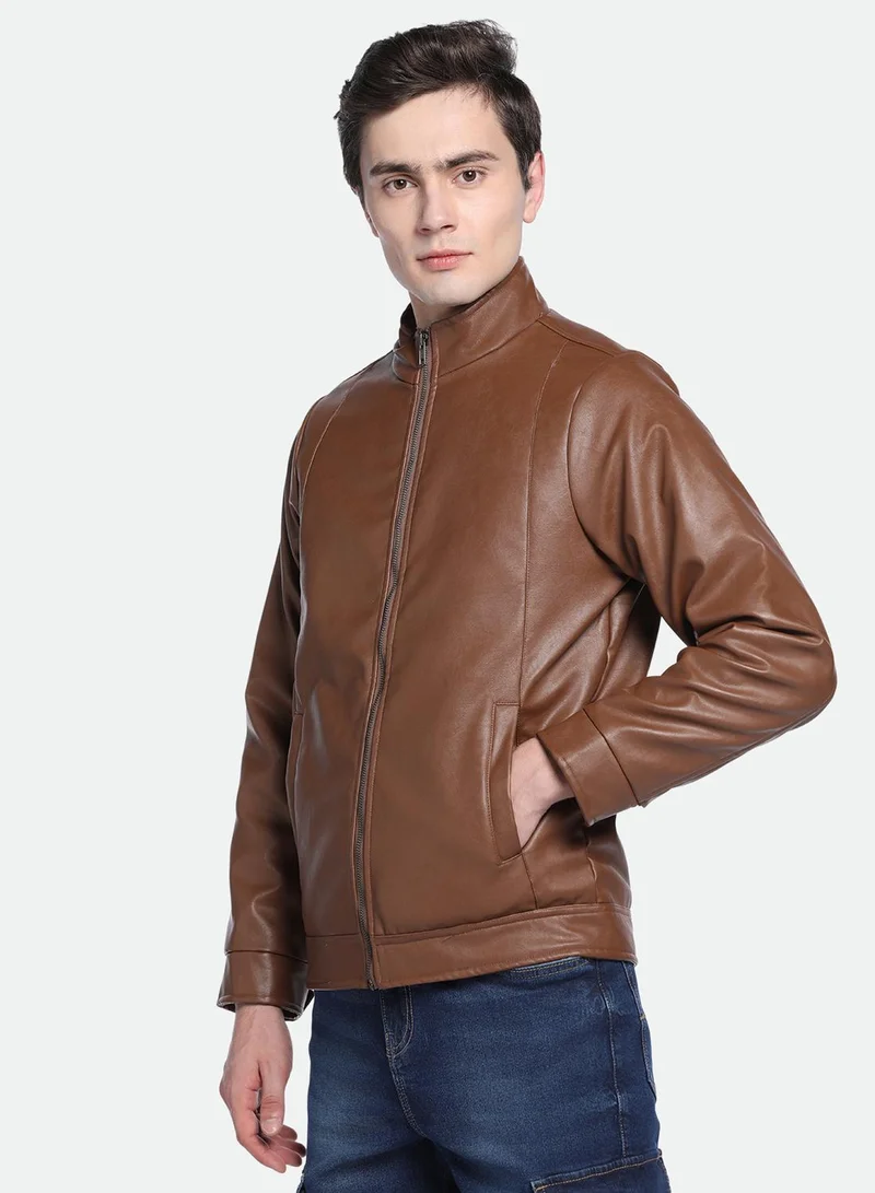 Dennis Lingo Men's Tan 100% Polyester Solid Pattern Regular Fit Jacket