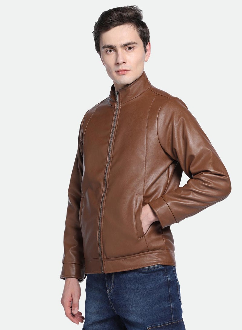 Dennis Lingo Men's Tan 100% Polyester Solid Pattern Regular Fit Jacket  - Image 3