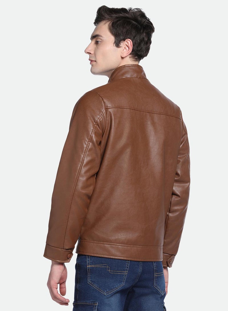Dennis Lingo Men's Tan 100% Polyester Solid Pattern Regular Fit Jacket  - Image 5