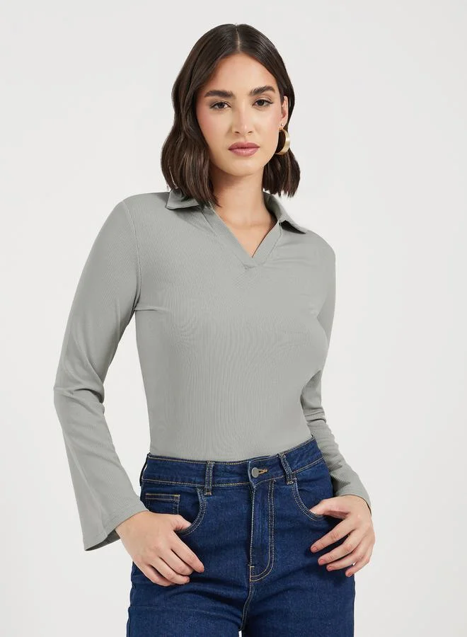 Styli Ribbed Regular Fit Flared Sleeve Polo T-Shirt