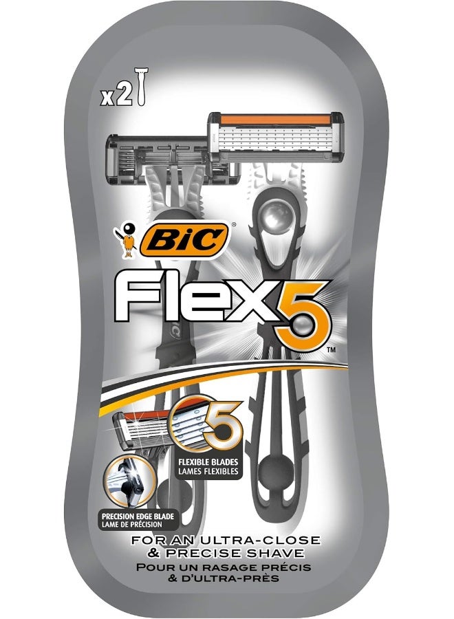 Bic Flex 5 Men's Razors - Pack Of 2 - Disposable Razors With Five Nano-Tech, Moveable Blades For Ultra Close Shave