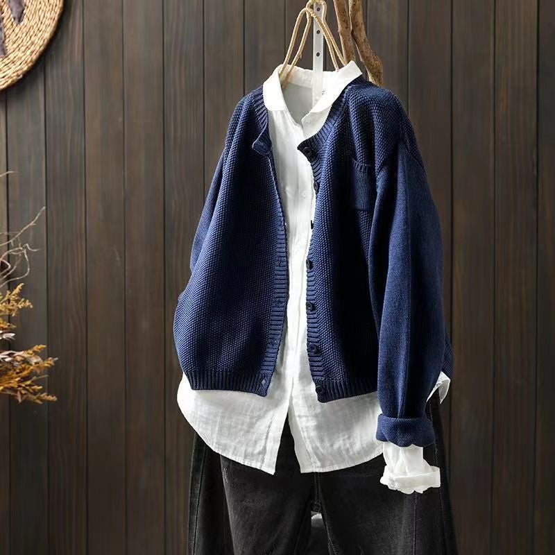 2023 Knitted Cardigan Sweater Womens Autumn Artistic Retro Long-sleeved Jacket Casual Top Royal blue [high quality fabric and high quality]