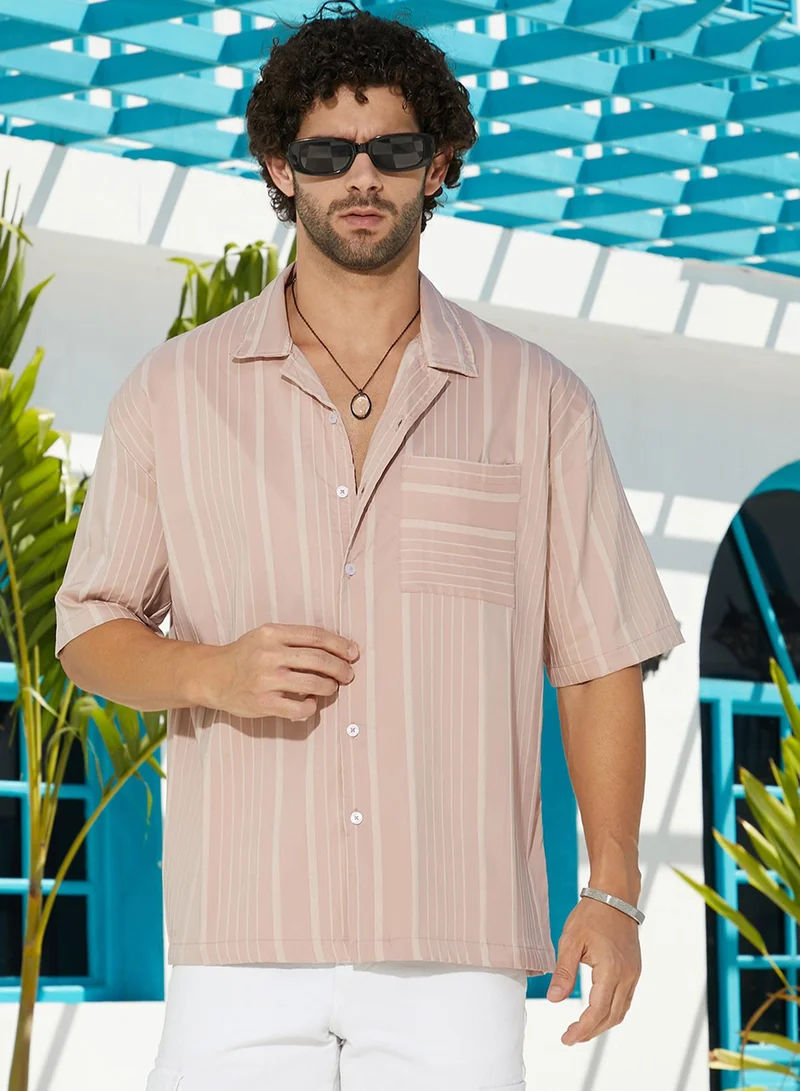 Campus Sutra Campus Sutra Men's Peach Orange Unbalanced-Ridge Oversized Shirt For Casual Wear | Spread Collar | Short Regular Sleeves | Button Closure | Oversized Shirt Crafted With Comfort Fit For Everyday Wear