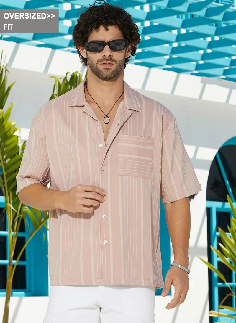Campus Sutra Campus Sutra Men's Peach Orange Unbalanced-Ridge Oversized Shirt For Casual Wear | Spread Collar | Short Regular Sleeves | Button Closure | Oversized Shirt Crafted With Comfort Fit For Everyday Wear