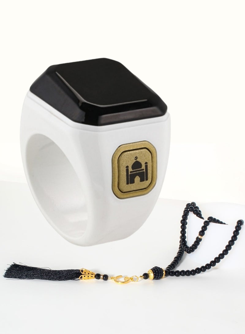 Smart Tasbih Zikr Ring, Prayer Tasbeeh Counter, Muslim Prayer Time Reminder, OLED Display, Wireless Bluetooth Connection App, Waterproof Wearable Device, Including Beads Tasbih, 20mm, White  - Image 1