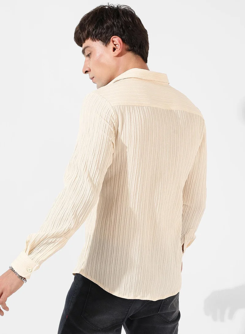 Campus Sutra Men's Pale Yellow Self-Design Striped Shirt