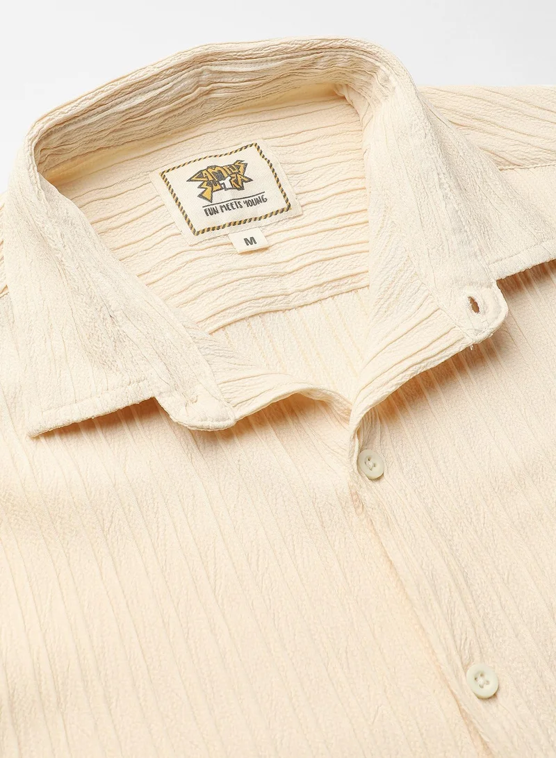 Campus Sutra Men's Pale Yellow Self-Design Striped Shirt