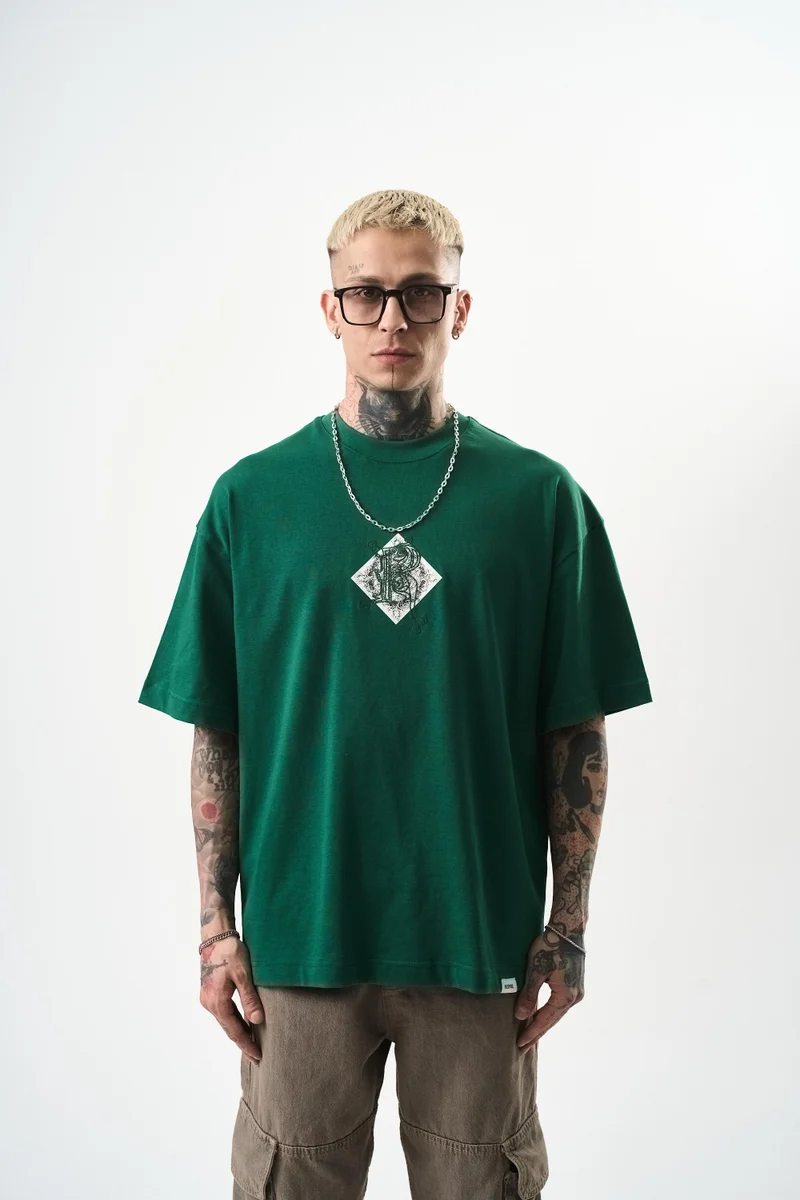 ريسباير تي شيرت رجالي مقاس كبير (Oversize) مطرز بـ "Dimentions"، زيتي (نيفتي)