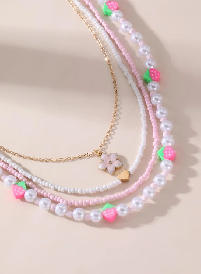 Pack of 4 - Girls Multi-Color Strawberry and Flower Charms Necklaces