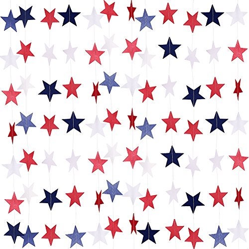 TecUnite 8 Strands Patriotic Star Streamers Banner Garland for 4th of July BBQ, Memorial Day, Veterans Day Party, Independence Day Celebration, Labor Day， Holiday Decorations, Red White Blue - Image 1