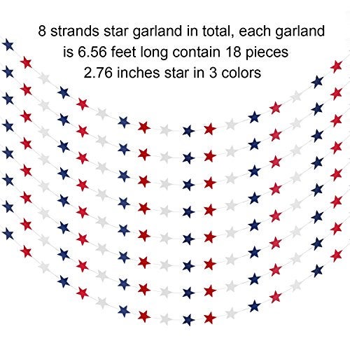 TecUnite 8 Strands Patriotic Star Streamers Banner Garland for 4th of July BBQ, Memorial Day, Veterans Day Party, Independence Day Celebration, Labor Day， Holiday Decorations, Red White Blue - Image 3